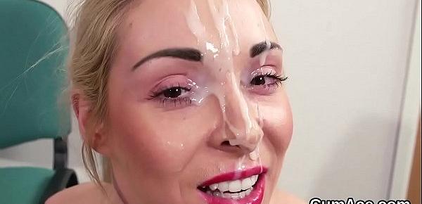  Nasty sex kitten gets cumshot on her face eating all the load